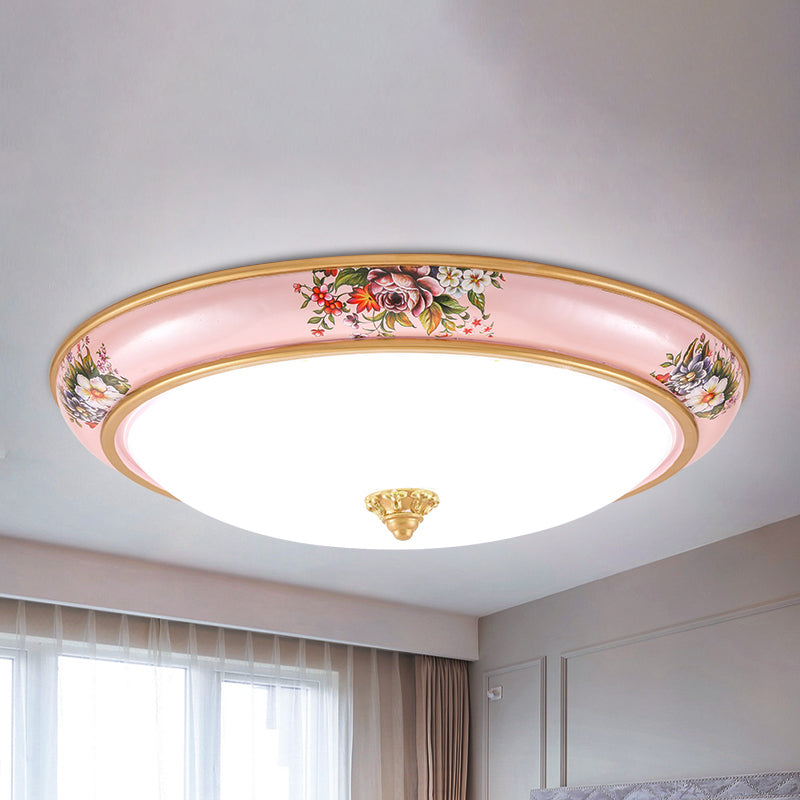 Pink LED Flush Light Farmhouse White Glass Bowl Shade Flushmount Lighting in Warm/White Light for Bedroom, 13"/16"/19.5" W Pink Clearhalo 'Ceiling Lights' 'Close To Ceiling Lights' 'Close to ceiling' 'Flush mount' Lighting' 1224062
