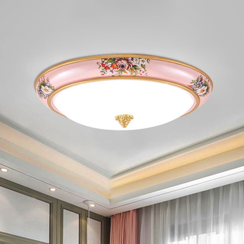 Pink LED Flush Light Farmhouse White Glass Bowl Shade Flushmount Lighting in Warm/White Light for Bedroom, 13"/16"/19.5" W Clearhalo 'Ceiling Lights' 'Close To Ceiling Lights' 'Close to ceiling' 'Flush mount' Lighting' 1224063