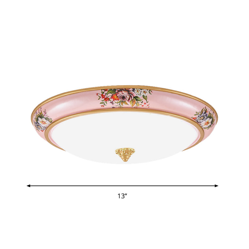 Pink LED Flush Light Farmhouse White Glass Bowl Shade Flushmount Lighting in Warm/White Light for Bedroom, 13"/16"/19.5" W Clearhalo 'Ceiling Lights' 'Close To Ceiling Lights' 'Close to ceiling' 'Flush mount' Lighting' 1224065