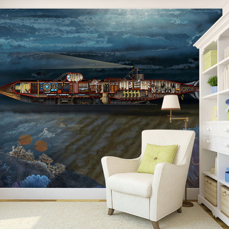 Childrens Art Submarine Wallpaper Murals for Boys Bedroom Personalized Wall Covering in Dark Color Dark Blue Clearhalo 'Wall Decor' 'Wall Mural' 1224649