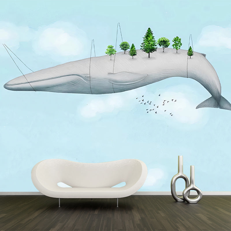 Light Color Flying Whale Murals Animal Cartoon Moisture Resistant Wall Art for Nursery Clearhalo 'Wall Decor' 'Wall Mural' 1224687