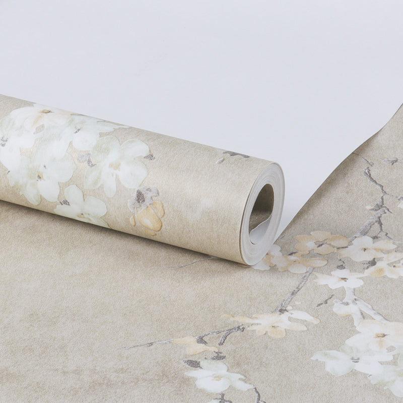 Plum Flowers Wallpaper Roll Rustic Glitter Wall Decoration in Light Color, Non-Woven Clearhalo 'Country wall decor' 'Rustic' 'Wallpaper' Wall Decor' 1224794