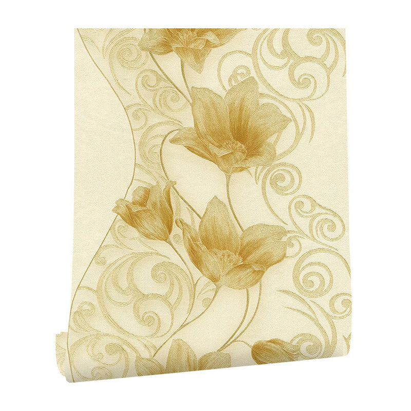 Gold Lotus Blossom Wallpaper Roll Stain Resistant Rustic Dining Room Wall Covering Clearhalo 'Country wall decor' 'Rustic' 'Wallpaper' Wall Decor' 1225274