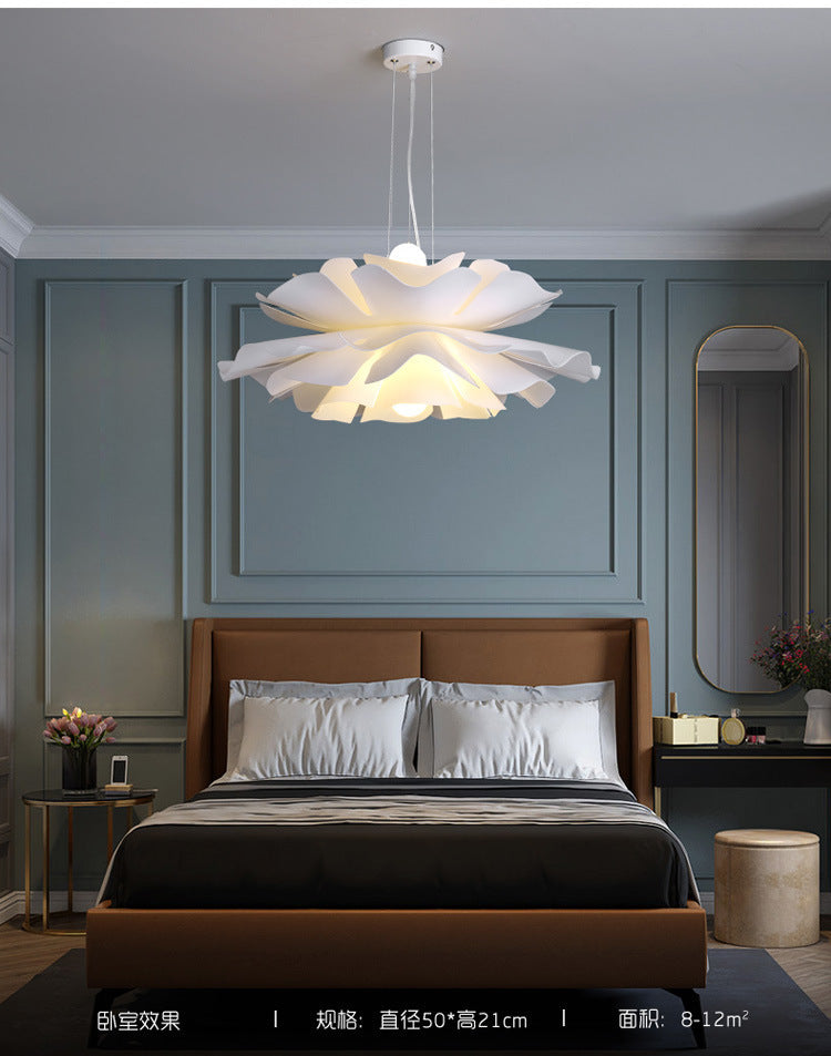 Tulle-Like Floral Chandelier Decorative Plastic Cafe LED Suspension Lighting Fixture in White