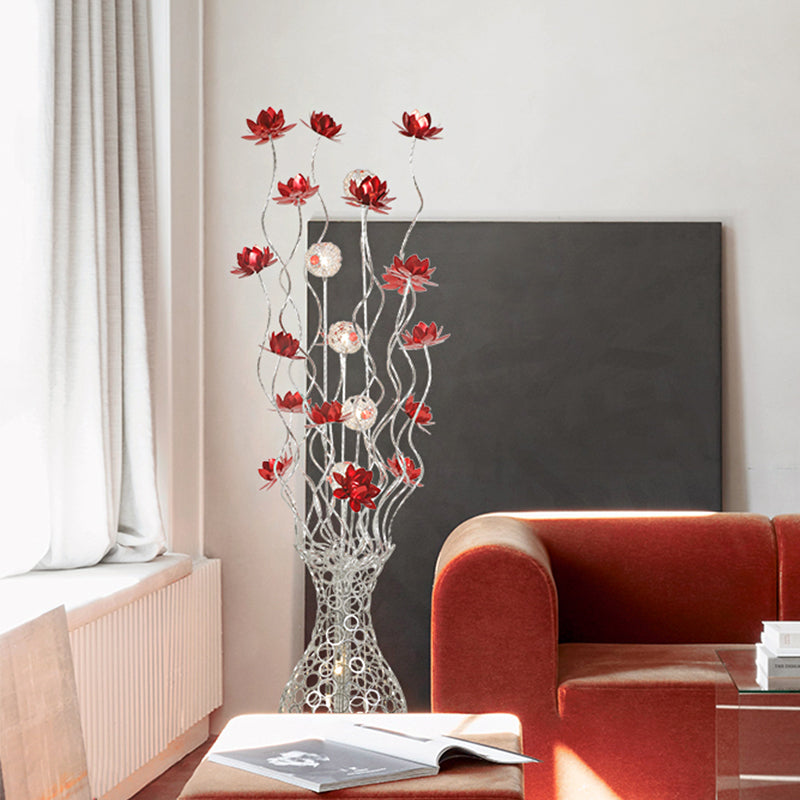 Vase Shape Aluminum Stand Up Light Decorative LED Bedroom Reading Floor Lamp with Blossom and Ball Design in Red/Purple Clearhalo 'Floor Lamps' 'Lamps' Lighting' 1272306