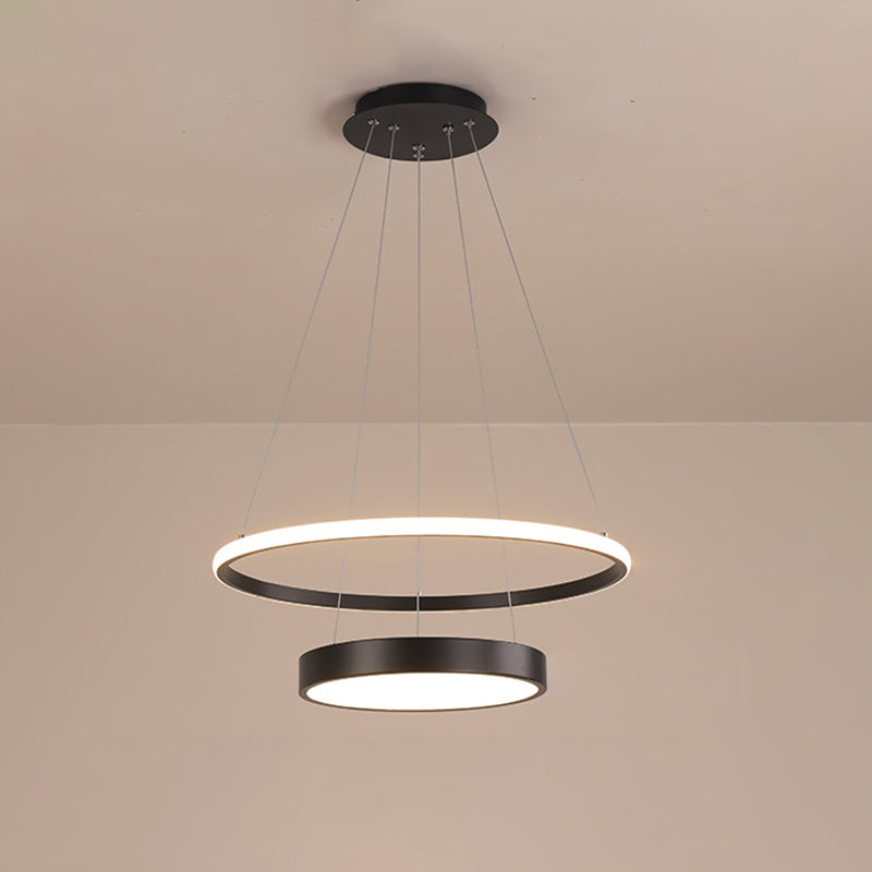 Iron 2-Tier Circular Ceiling Lamp Tiffany Black/Gold LED Hanging Chandelier for Dining Room, Warm/White Light Clearhalo 'Ceiling Lights' 'Chandeliers' 'Modern Chandeliers' 'Modern' Lighting' 1272627