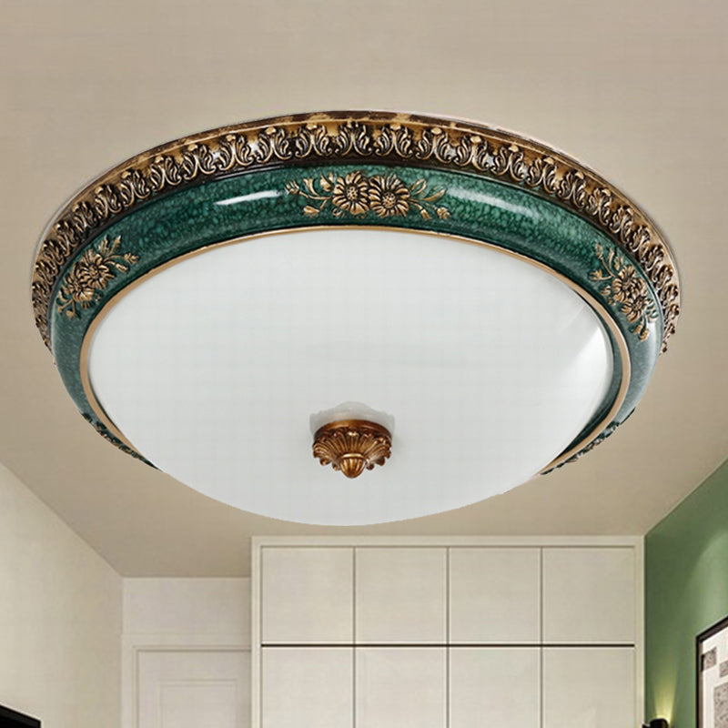 Green LED Flush Ceiling Light Fixture Retro Opal Glass Bowl Flushmount for Bedroom, 14"/16"/19.5" W Green Clearhalo 'Ceiling Lights' 'Close To Ceiling Lights' 'Close to ceiling' 'Flush mount' Lighting' 1272694