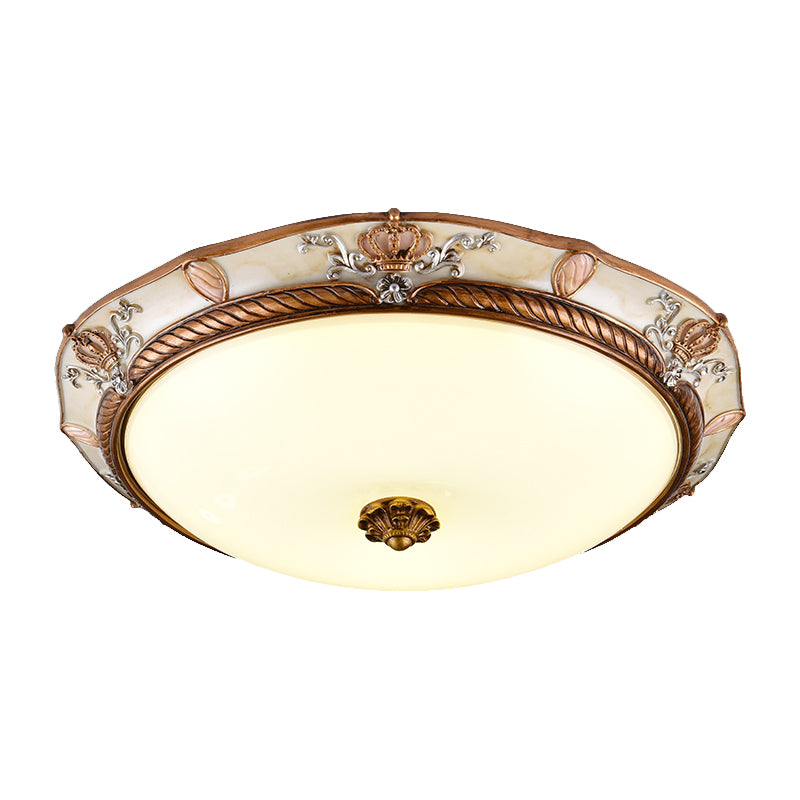 Brown Cap Shaped Ceiling Flushmount Lamp Antiqued Milk Glass Living Room LED Flush Mount Fixture, 14"/16"/19.5" Wide Clearhalo 'Ceiling Lights' 'Close To Ceiling Lights' 'Close to ceiling' 'Flush mount' Lighting' 1272708
