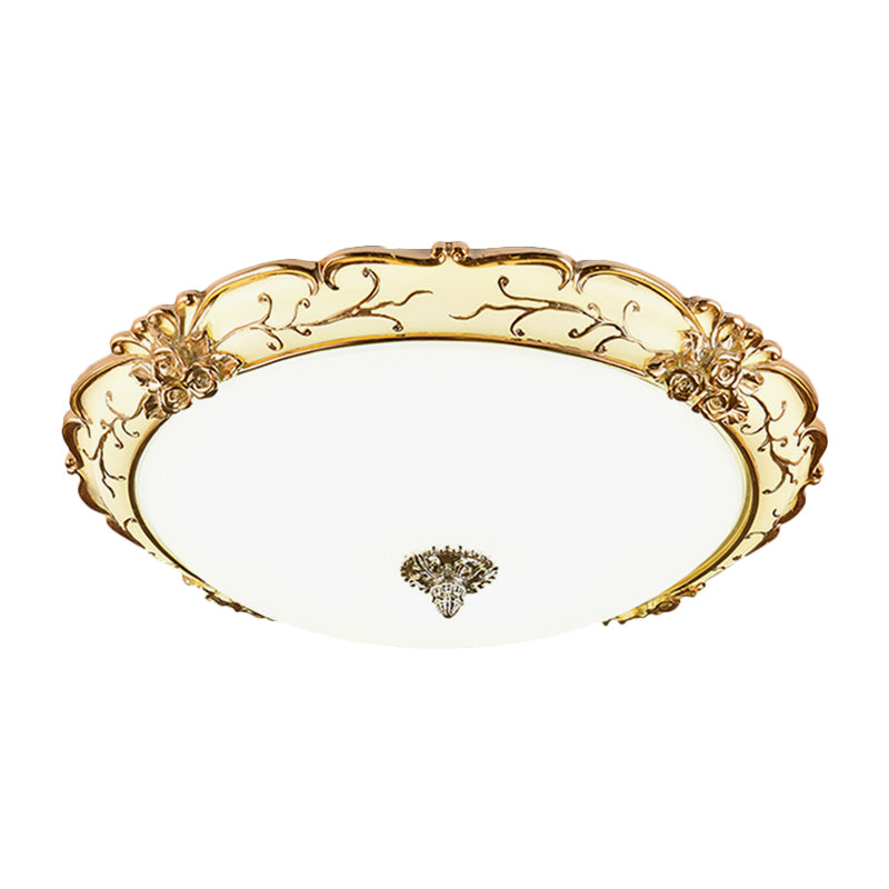 Scroll Floral Trim Opal Glass Flushmount Vintage Bedroom 14"/16"/19.5" Wide LED Flush Ceiling Light in Brass Clearhalo 'Ceiling Lights' 'Close To Ceiling Lights' 'Close to ceiling' 'Flush mount' Lighting' 1272736