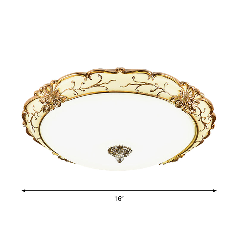 Scroll Floral Trim Opal Glass Flushmount Vintage Bedroom 14"/16"/19.5" Wide LED Flush Ceiling Light in Brass Clearhalo 'Ceiling Lights' 'Close To Ceiling Lights' 'Close to ceiling' 'Flush mount' Lighting' 1272738