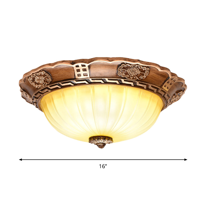 Milky Glass LED Ceiling Flush Mount Antiqued Brown Scalloped-Edge Bowl Hallway Flush Light, 14"/16"/19.5" W Clearhalo 'Ceiling Lights' 'Close To Ceiling Lights' 'Close to ceiling' 'Flush mount' Lighting' 1272766