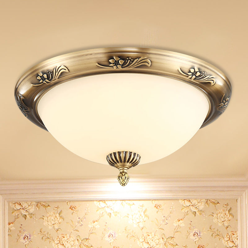 Classical Hemisphere Flush Ceiling Light 2-Bulb Milky Glass Flushmount in Brass for Office, 13"/15"/19.5" Dia Brass Clearhalo 'Ceiling Lights' 'Close To Ceiling Lights' 'Close to ceiling' 'Flush mount' Lighting' 1272868