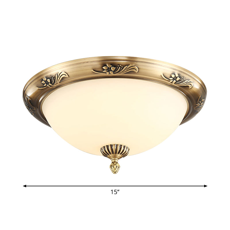 Classical Hemisphere Flush Ceiling Light 2-Bulb Milky Glass Flushmount in Brass for Office, 13"/15"/19.5" Dia Clearhalo 'Ceiling Lights' 'Close To Ceiling Lights' 'Close to ceiling' 'Flush mount' Lighting' 1272872