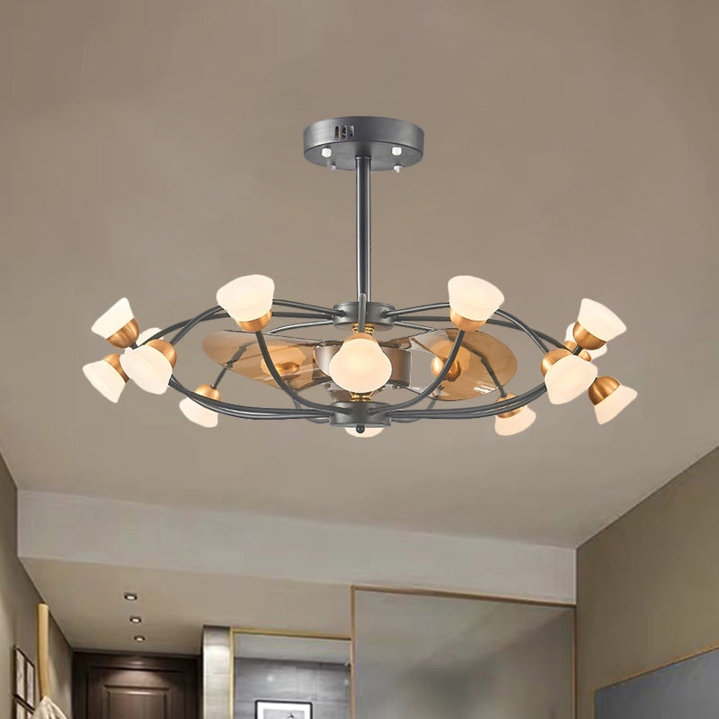 3-Blade Metal Oval Cage Pendant Fan Light Modernist LED Black Semi Flush Lamp Fixture, 35.5" W Clearhalo 'Ceiling Fans with Lights' 'Ceiling Fans' 'Modern Ceiling Fans' 'Modern' Lighting' 1273089