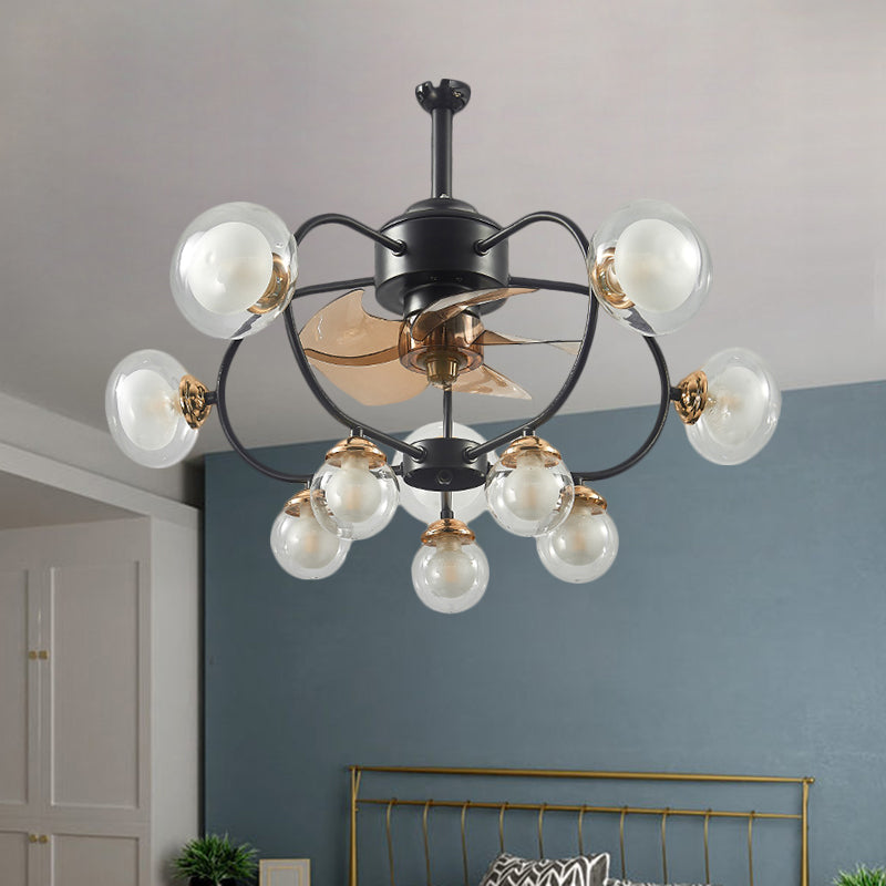 25.5" W Modernism Ball Semi Flush Clear Glass 10 Bulbs Parlour Frame Fan Light in Black, 4 Blades Clearhalo 'Ceiling Fans with Lights' 'Ceiling Fans' 'Modern Ceiling Fans' 'Modern' Lighting' 1273188