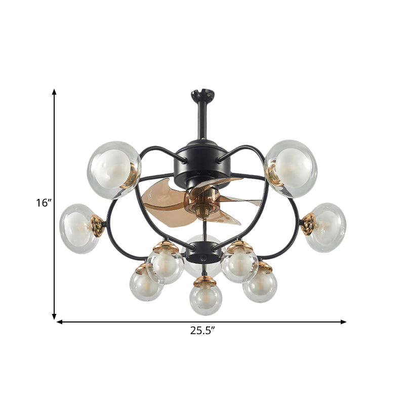 25.5" W Modernism Ball Semi Flush Clear Glass 10 Bulbs Parlour Frame Fan Light in Black, 4 Blades Clearhalo 'Ceiling Fans with Lights' 'Ceiling Fans' 'Modern Ceiling Fans' 'Modern' Lighting' 1273191