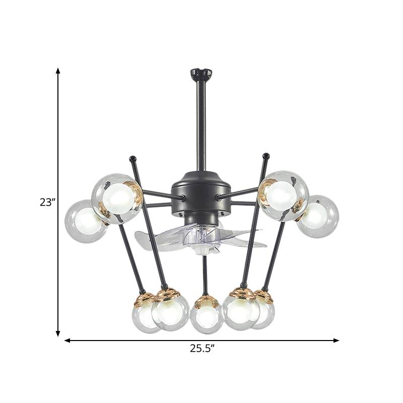 Sphere Parlour Hanging Fan Light Clear Glass 10 Heads 25.5" Width Modernism 4-Blade Semi Flush in Black Clearhalo 'Ceiling Fans with Lights' 'Ceiling Fans' 'Modern Ceiling Fans' 'Modern' Lighting' 1273201