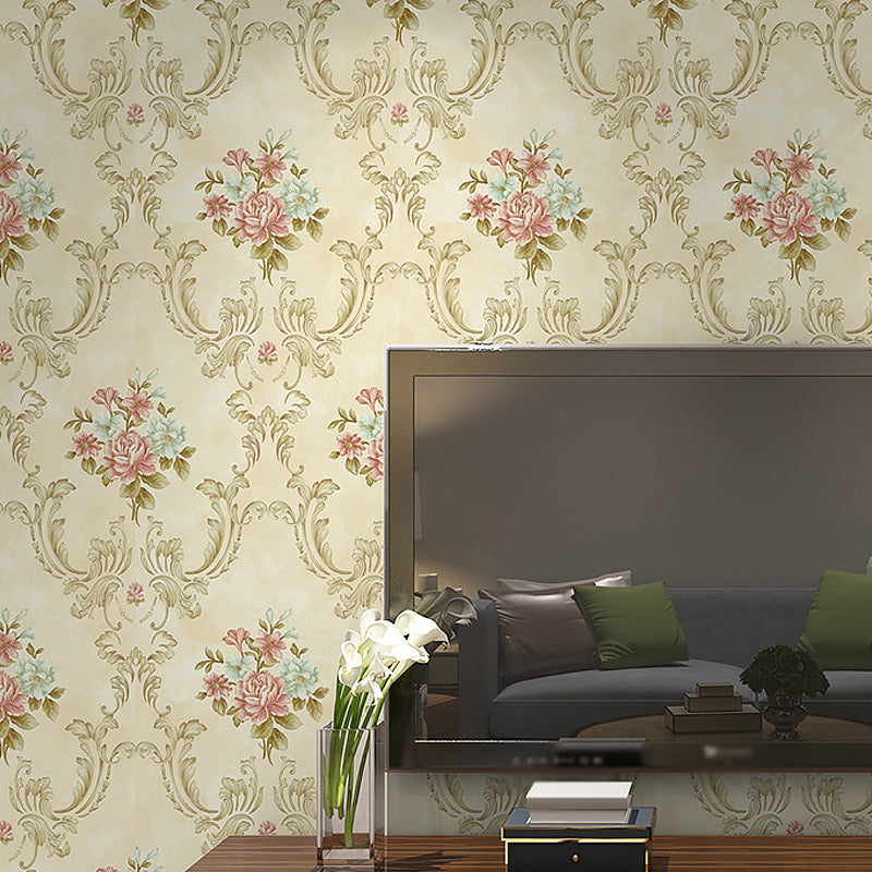 Washable Peonies Print Wallpaper Non-Woven Fabric Rustic Wall Decor for Living Room Yellow Clearhalo 'Country wall decor' 'Rustic' 'Wallpaper' Wall Decor' 1274291