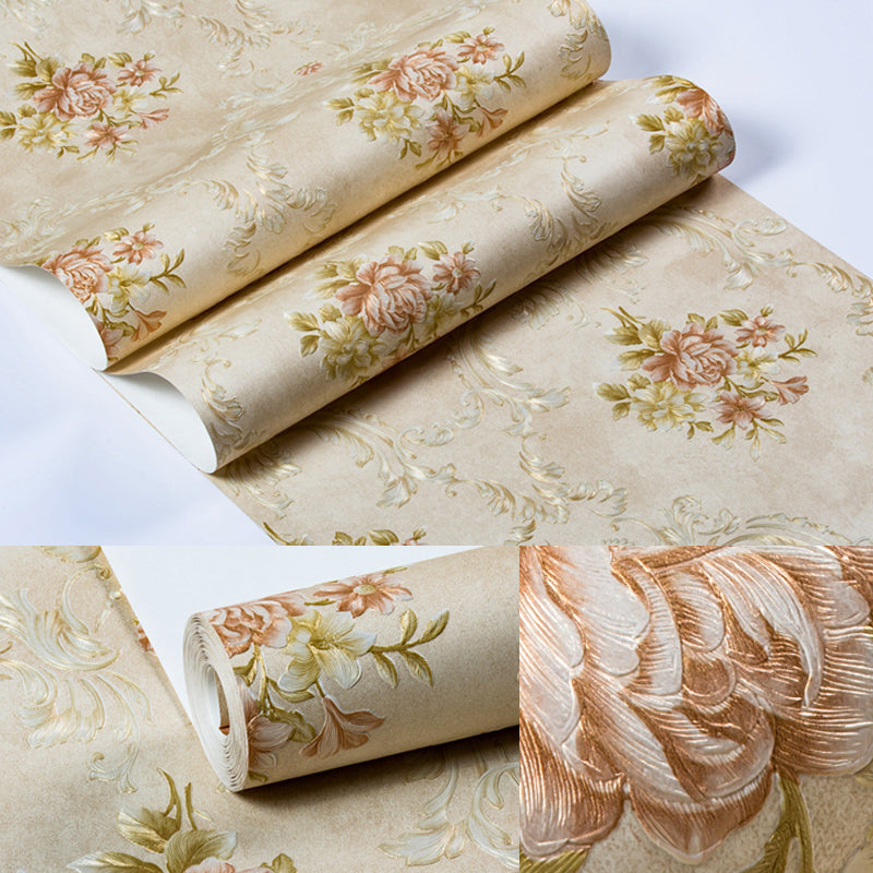Washable Peonies Print Wallpaper Non-Woven Fabric Rustic Wall Decor for Living Room Clearhalo 'Country wall decor' 'Rustic' 'Wallpaper' Wall Decor' 1274317