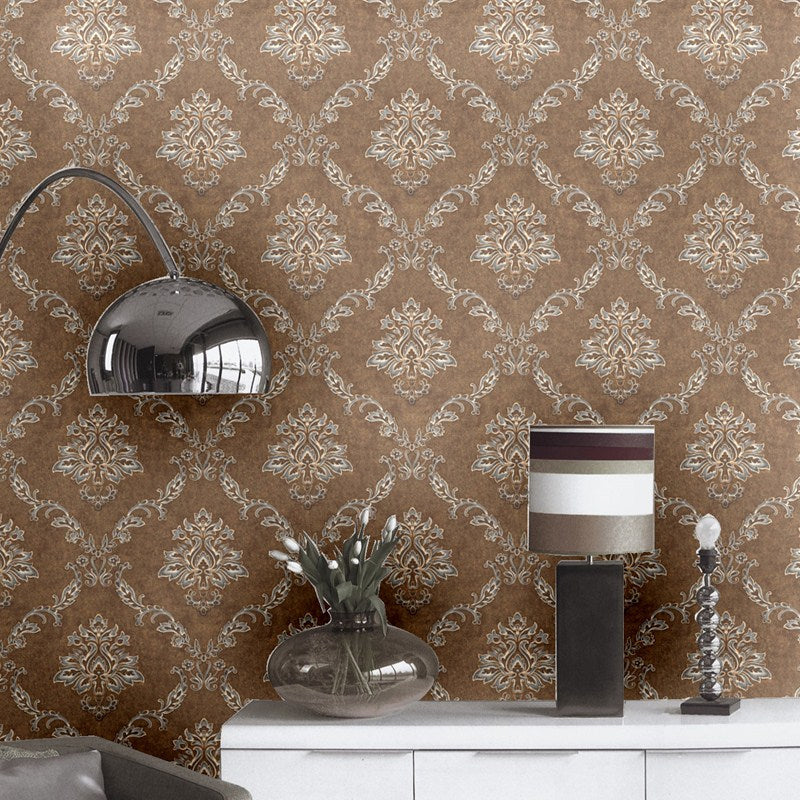 Damask Wallpaper Roll Nostalgic Moisture Resistant Dining Room Wall Art, 31' L x 20.5" W Coffee Clearhalo 'Vintage wall decor' 'Vintage' 'Wallpaper' Wall Decor' 1276780
