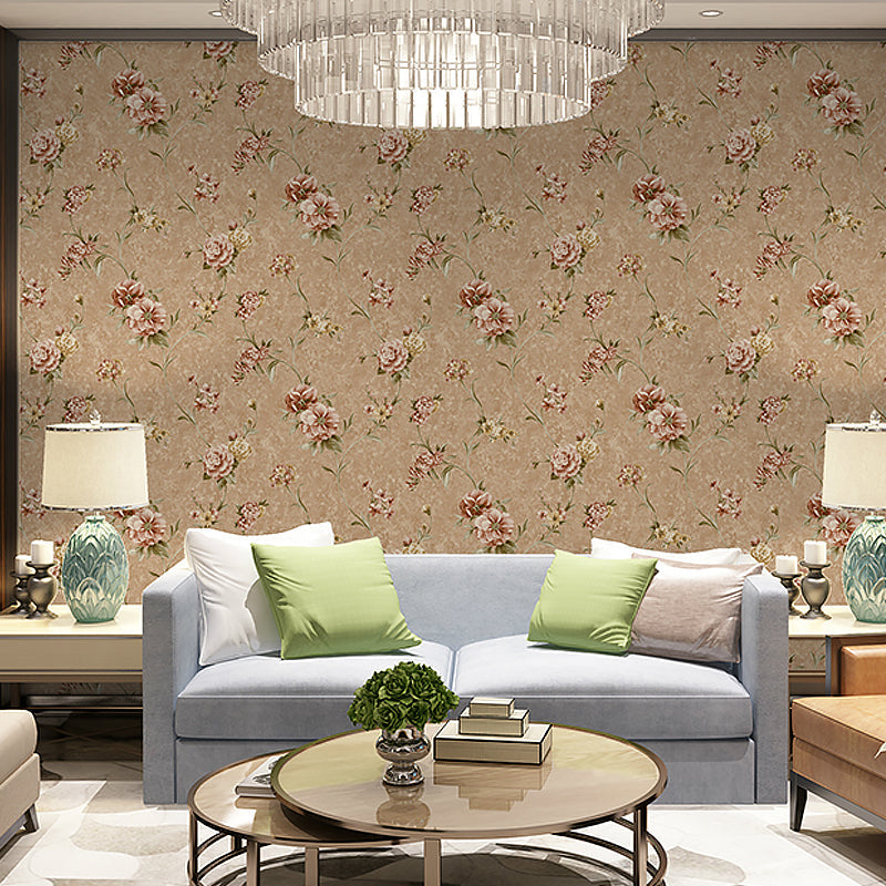 Rustic Flower Blossom Wallpaper Roll Pastel Color Stain Resistant Wall Art for Living Room Dark Coffee Clearhalo 'Country wall decor' 'Rustic' 'Wallpaper' Wall Decor' 1283173