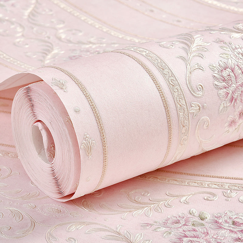 Floral Striped Wallpaper Roll Countryside Embossed Wall Covering in Pastel Color Clearhalo 'Country wall decor' 'Rustic' 'Wallpaper' Wall Decor' 1284649