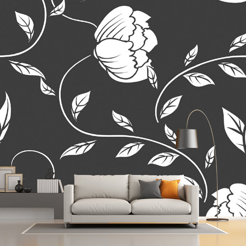 Modernist Twisting Peony Wall Murals Black-White Flower Wall Decoration for Bedroom Clearhalo 'Wall Decor' 'Wall Mural' 1285041