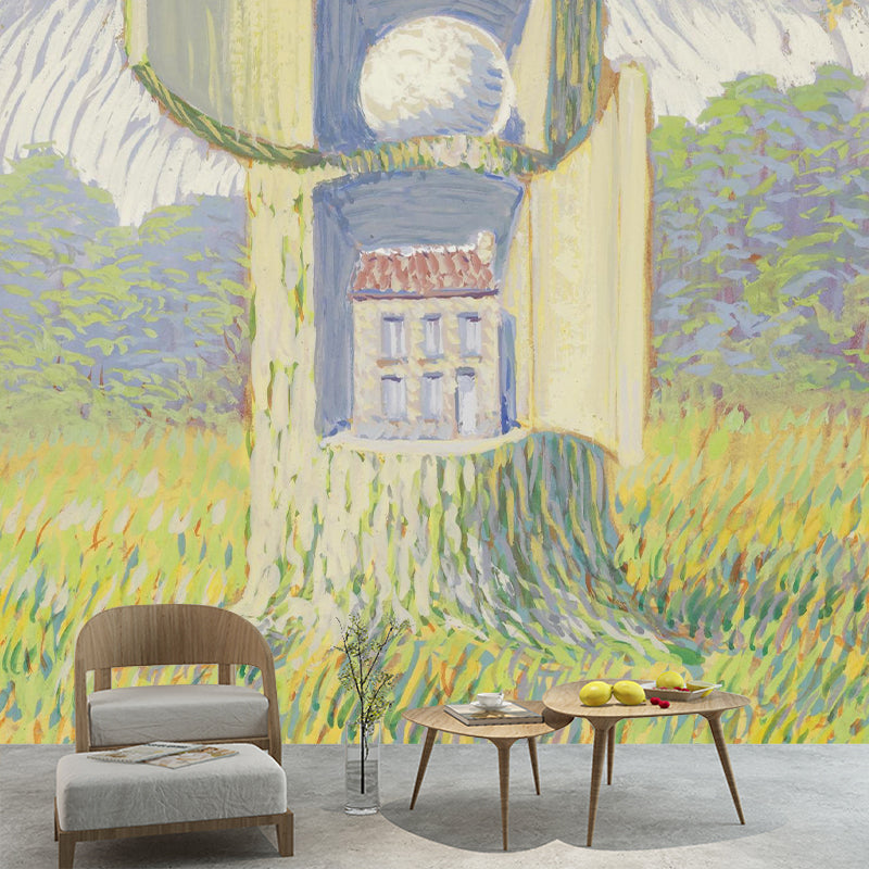 La Voix Du Sang Murals Wallpaper Surreal Non-Woven Fabric Wall Decor in Pastel Color Yellow-Green Clearhalo 'Wall Decor' 'Wall Mural' 1285189