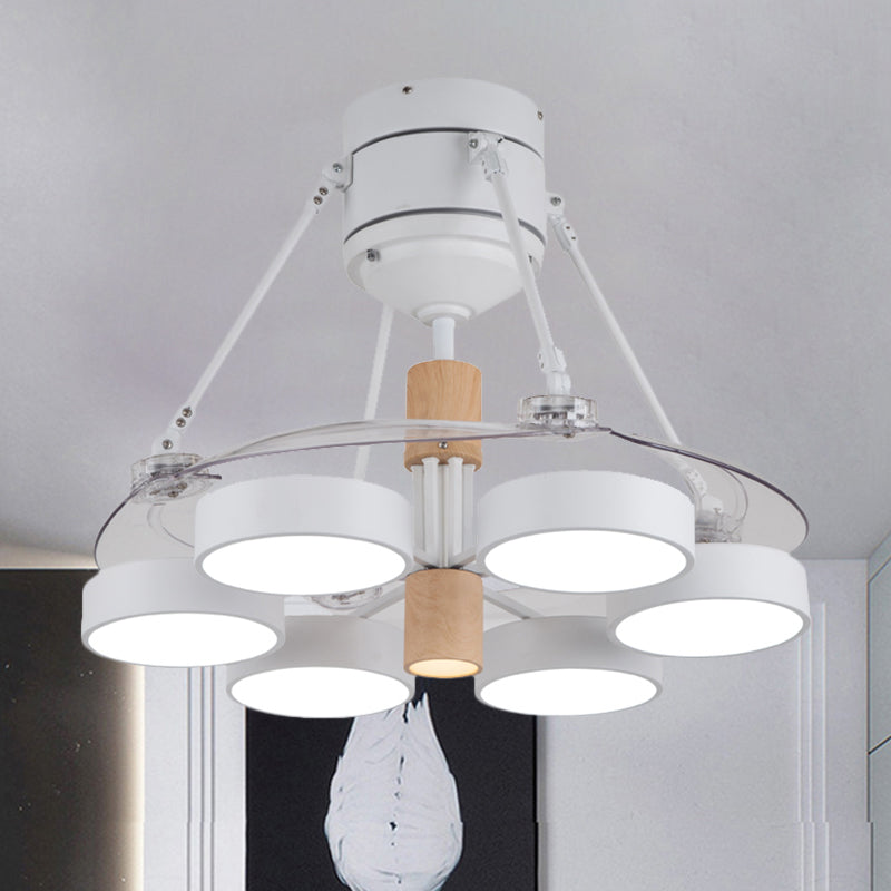 Simplicity Drum Pendant Fan Light Metallic 6-Head 48" W Drawing Room Close to Ceiling Lamp with 4 Clear Blades in Black/White/Pink Clearhalo 'Ceiling Fans with Lights' 'Ceiling Fans' 'Modern Ceiling Fans' 'Modern' Lighting' 1289918