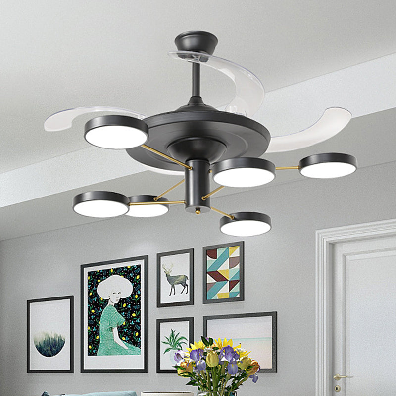 Nordic Round Panel Hanging Fan Lamp Acrylic 6/8 Heads Drawing Room 4-Blade Semi Flush Mount in Black, 42.5" Wide 6.0 Black Clearhalo 'Ceiling Fans with Lights' 'Ceiling Fans' 'Modern Ceiling Fans' 'Modern' Lighting' 1290102