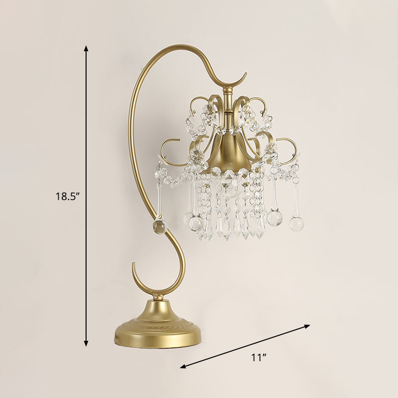 1 Head Bent Arm Frame Table Lamp Contemporary Gold Crystal Beads Nightstand Lamp for Bedroom Clearhalo 'Lamps' 'Table Lamps' Lighting' 1290114