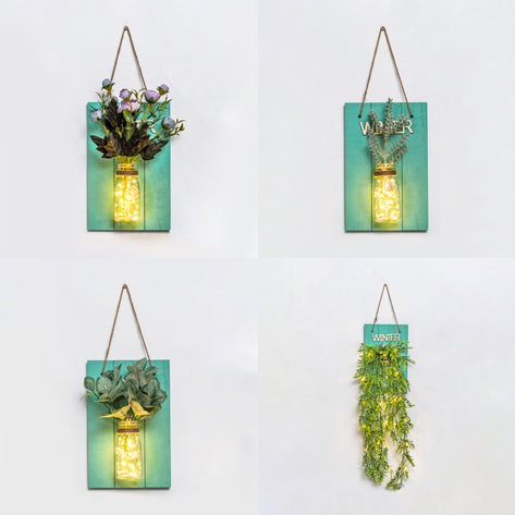 Clear Glass Jar Wall Lamp Modern Plant Decor String Light with Green Wooden Backplate Clearhalo 'Wall Lamps & Sconces' 'Wall Lights' Lighting' 129155