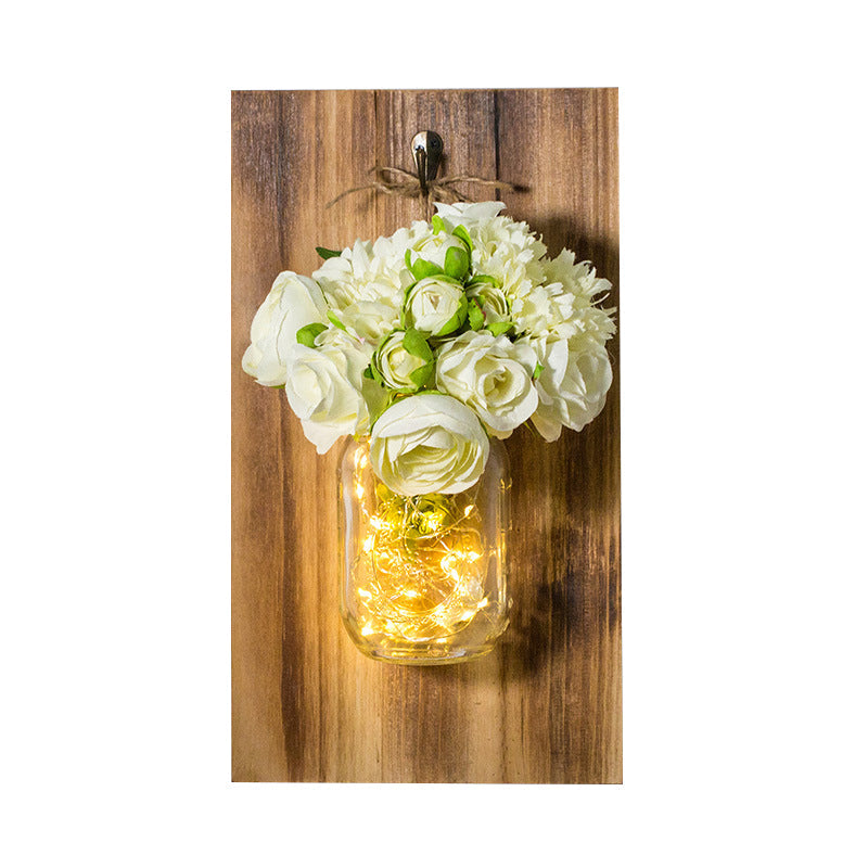 Contemporary White Rose String Light Clear Glass Jar Wall Lamp with Wood Backplate Clearhalo 'Wall Lamps & Sconces' 'Wall Lights' Lighting' 129318