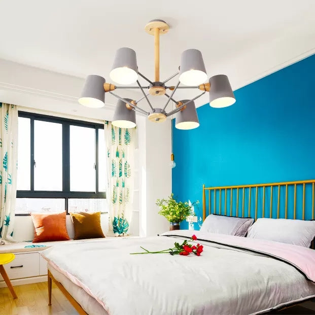 Bedroom Chandelier for Kids, Wood Hanging Fixture with Rod and Tapered Shade Macaron Style Clearhalo 'Ceiling Lights' 'Chandeliers' Lighting' options 13198