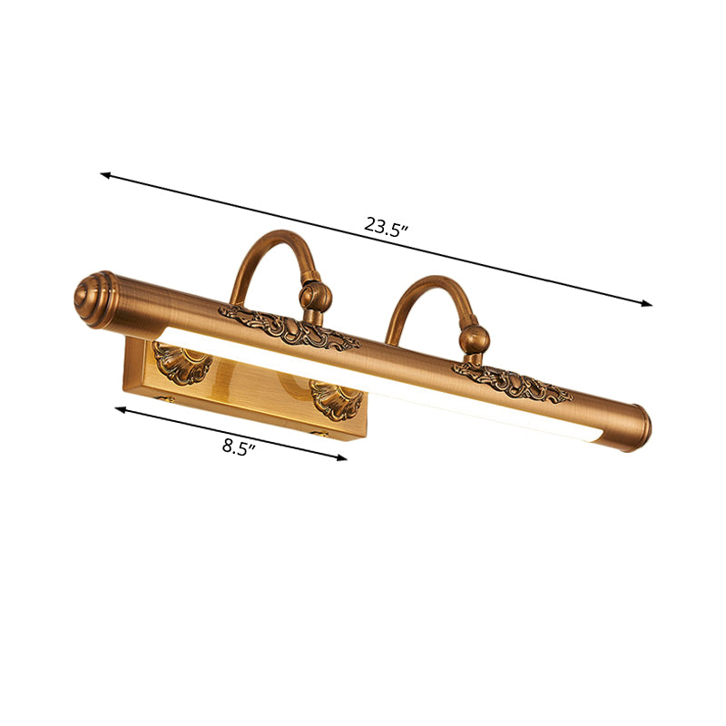 Carved Vanity Light Fixture with Tube Shade Vintage Style Metallic 20.5"/23.5" W LED Golden Wall Lighting for Bathroom Clearhalo 'Cast Iron' 'Glass' 'Industrial' 'Modern wall lights' 'Modern' 'Tiffany' 'Traditional wall lights' 'Vanity Lights' 'Wall Lights' Lighting' 132400