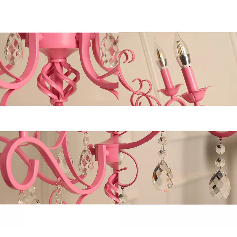 Bedroom Chandelier Ceiling Light for Girls, Hanging Lamp in Pink with Candle and Clear Crystal Modern Style Clearhalo 'Ceiling Lights' 'Chandeliers' Lighting' options 13341