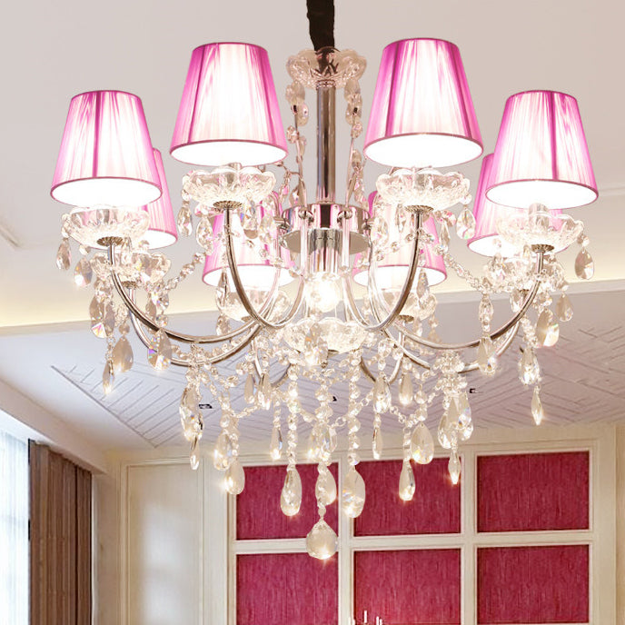 Kids Bedroom Lighting Crystal Chandelies 8 Light Fabric Shade Hanging Light in Nickel Finish Purple Clearhalo 'Ceiling Lights' 'Chandeliers' Lighting' options 135106_cfd962ae-09df-4cc6-a975-2765d8dfcdbe