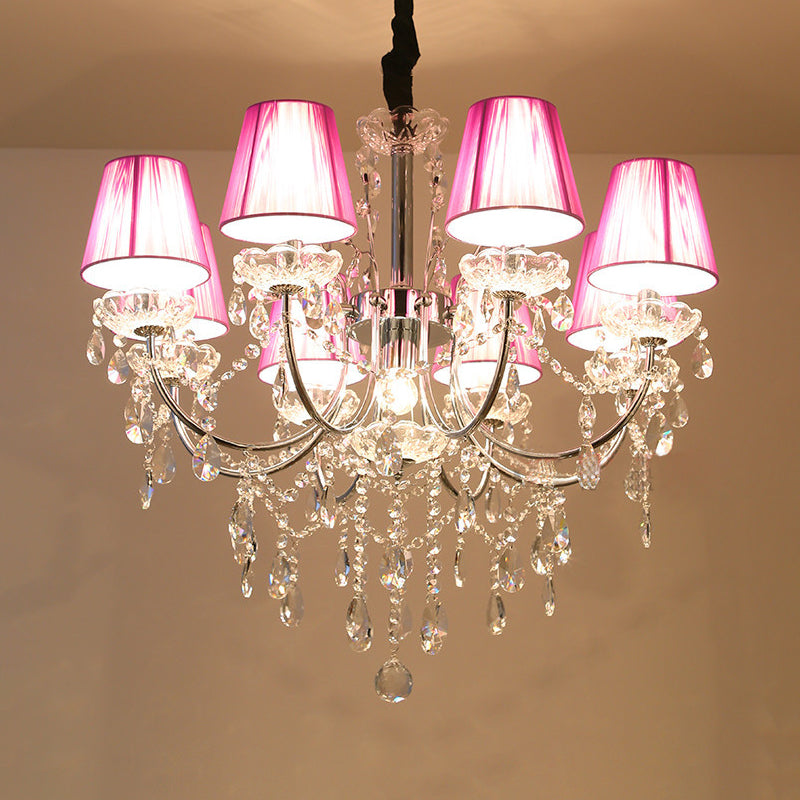 Kids Bedroom Lighting Crystal Chandelies 8 Light Fabric Shade Hanging Light in Nickel Finish Clearhalo 'Ceiling Lights' 'Chandeliers' Lighting' options 135108