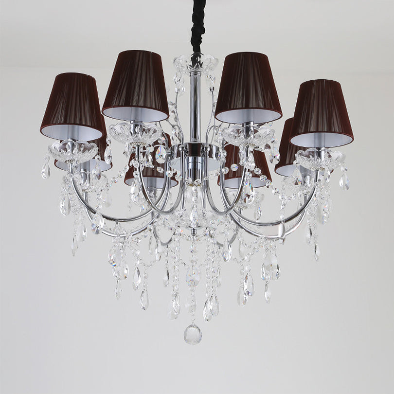 Kids Bedroom Lighting Crystal Chandelies 8 Light Fabric Shade Hanging Light in Nickel Finish Brown Clearhalo 'Ceiling Lights' 'Chandeliers' Lighting' options 135111_03e21cd8-772d-4f22-bf5c-49dbb11bad20