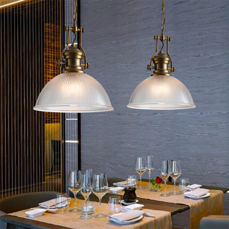 12"/15" Wide Dome Pendant Light Industrial 1 Light Ribbed Glass Hanging Lamp in Brass for Dining Room Clearhalo 'Ceiling Lights' 'Glass shade' 'Glass' 'Industrial Pendants' 'Industrial' 'Middle Century Pendants' 'Pendant Lights' 'Pendants' 'Tiffany' Lighting' 135758
