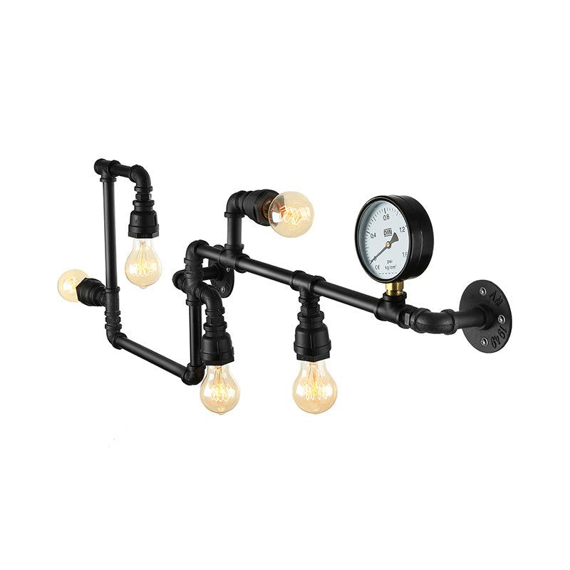 5 Bulbs Wall Lighting Vintage Style Twisted Pipe Metallic Wall Mounted Lamp with Pressure Gauge in Black Clearhalo 'Art deco wall lights' 'Cast Iron' 'Glass' 'Industrial wall lights' 'Industrial' 'Middle century wall lights' 'Modern' 'Rustic wall lights' 'Tiffany' 'Traditional wall lights' 'Wall Lamps & Sconces' 'Wall Lights' Lighting' 137059