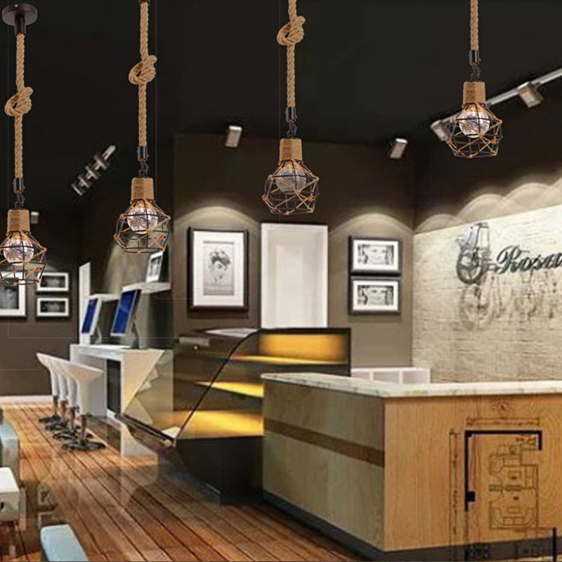 Dome Cage Restaurant Ceiling Hanging Light Country Metallic 1 Light Beige Pendant Light with Rope Beige Clearhalo 'Ceiling Lights' 'Industrial Pendants' 'Industrial' 'Middle Century Pendants' 'Pendant Lights' 'Pendants' 'Tiffany' Lighting' 137151