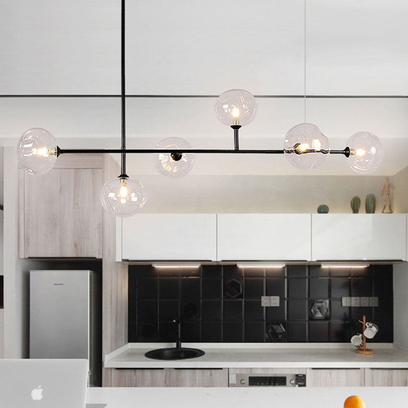 Glass Bubble Shade Hanging Chandelier for Restaurant 6 Lights Modern Metal Island Light in Black Clearhalo 'Ceiling Lights' 'Glass shade' 'Glass' 'Island Lights' Lighting' 137257