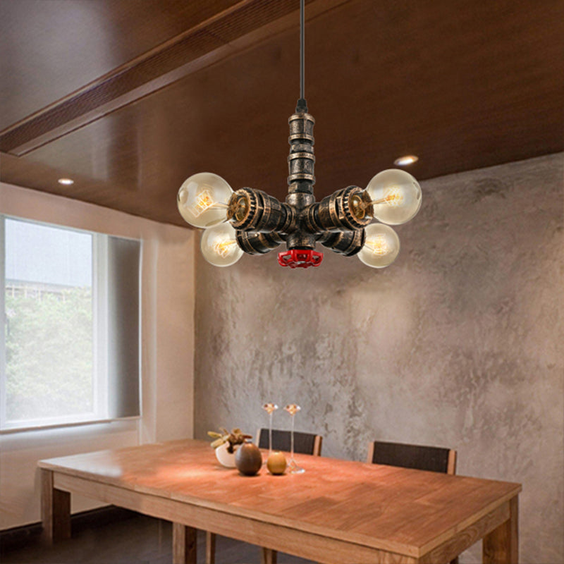 Water Pipe Restaurant Hanging Light Rustic Style Wrought Iron 4-Light Antique Brass Chandelier Pendant Light Clearhalo 'Cast Iron' 'Ceiling Lights' 'Chandeliers' 'Industrial Chandeliers' 'Industrial' 'Metal' 'Middle Century Chandeliers' 'Rustic Chandeliers' 'Tiffany' Lighting' 137547
