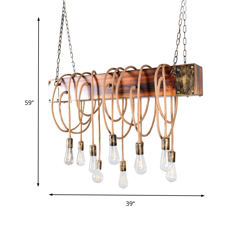 Multi Light Suspension Light Lodge Bare Bulb Metal Island Lighting with Wooden Beam and Cord/Rope in Black/Antique Brass Clearhalo 'Ceiling Lights' 'Island Lights' Lighting' 137606