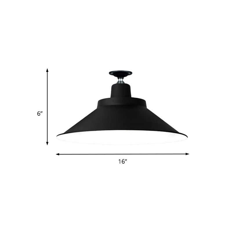 12"/16"/19.5" Wide Cone Metal Ceiling Lighting Industrial Style 1 Head Balcony Semi Flush Mount Lighting in Black Clearhalo 'Ceiling Lights' 'Close To Ceiling Lights' 'Close to ceiling' 'Flush mount' 'Industrial Flush Mount' Lighting' 137780