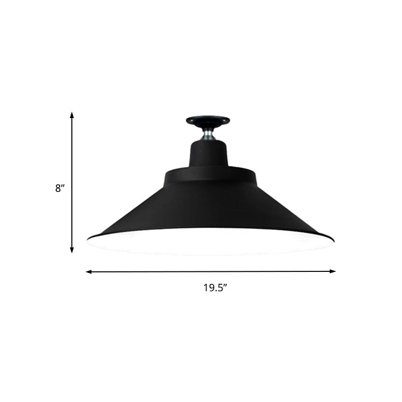 12"/16"/19.5" Wide Cone Metal Ceiling Lighting Industrial Style 1 Head Balcony Semi Flush Mount Lighting in Black Clearhalo 'Ceiling Lights' 'Close To Ceiling Lights' 'Close to ceiling' 'Flush mount' 'Industrial Flush Mount' Lighting' 137781