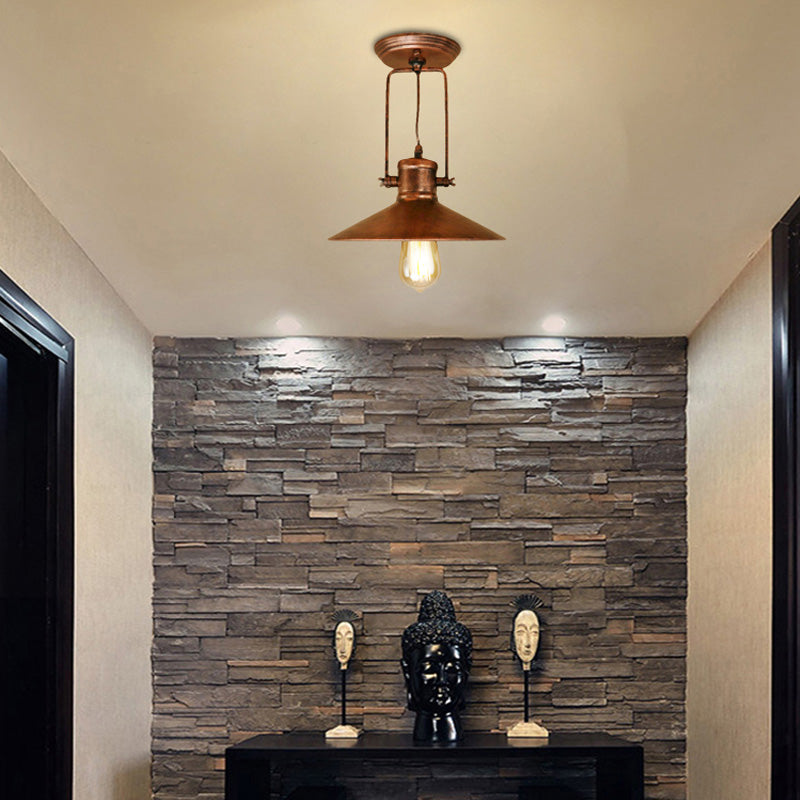 Conical Metal Semi Flush Mount Lighting Retro Stylish 1 Light Foyer Rotatable Ceiling Light in Black/Rust Rust Clearhalo 'Ceiling Lights' 'Close To Ceiling Lights' 'Close to ceiling' 'Semi-flushmount' Lighting' 137801