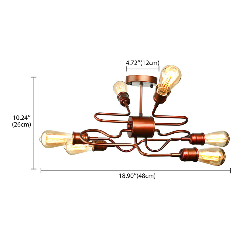Twisted Arm Iron Ceiling Light Farmhouse Style 6 Lights Living Room Semi Flush Mount Lighting in Copper Clearhalo 'Ceiling Lights' 'Close To Ceiling Lights' 'Close to ceiling' 'Semi-flushmount' Lighting' 137932