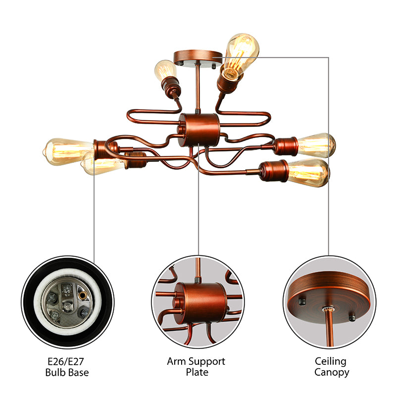 Twisted Arm Iron Ceiling Light Farmhouse Style 6 Lights Living Room Semi Flush Mount Lighting in Copper Clearhalo 'Ceiling Lights' 'Close To Ceiling Lights' 'Close to ceiling' 'Semi-flushmount' Lighting' 137933